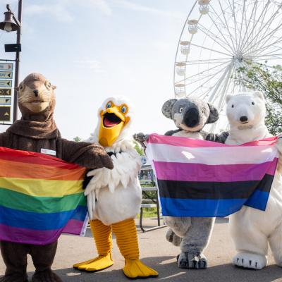 pride flags held by mascots