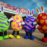 Egg Character Ambassadors pose at the Zoo's entrance