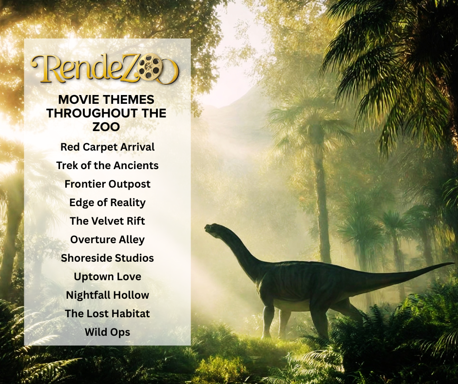 graphic with event themes and dinosaur in background