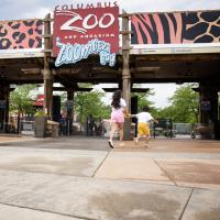 children running towards zoo entrance