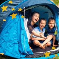 three children in tent