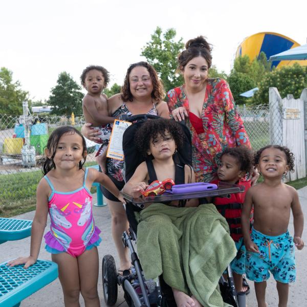 Guests smile for the camera at Zoombezi Bay waterpark